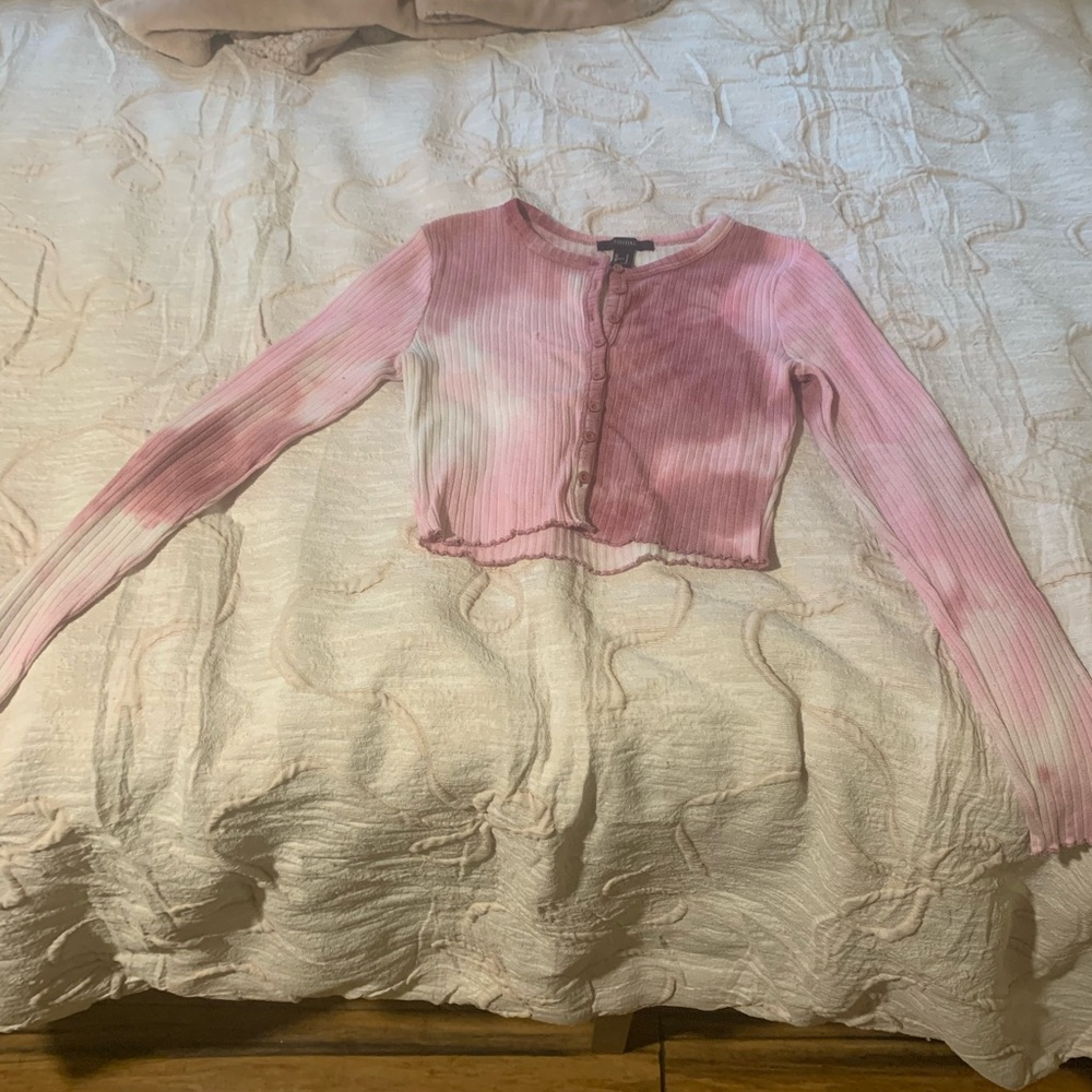 Forever 21 Pink and White Ribbed Cropped Cardigan
